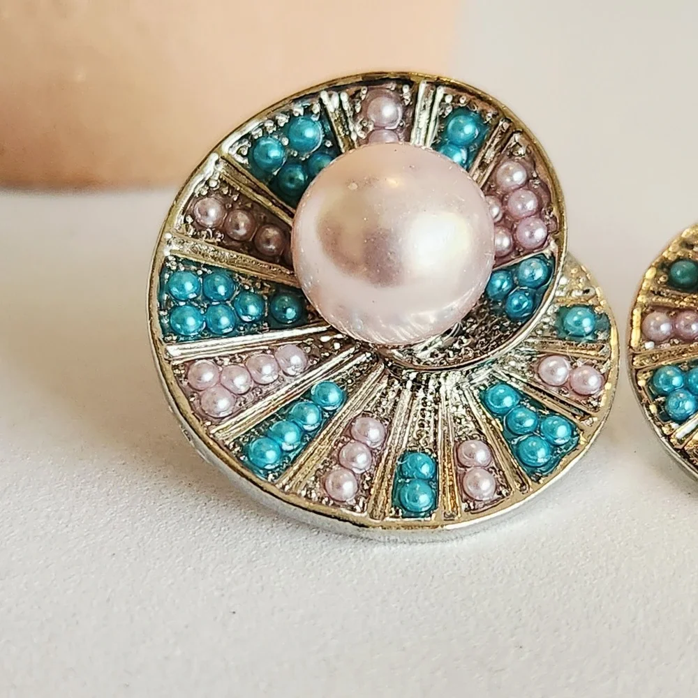Silver Tone Pink Faux Pearl Teal Beaded Swirl‎ Statement Stud Earrings 1 Inch